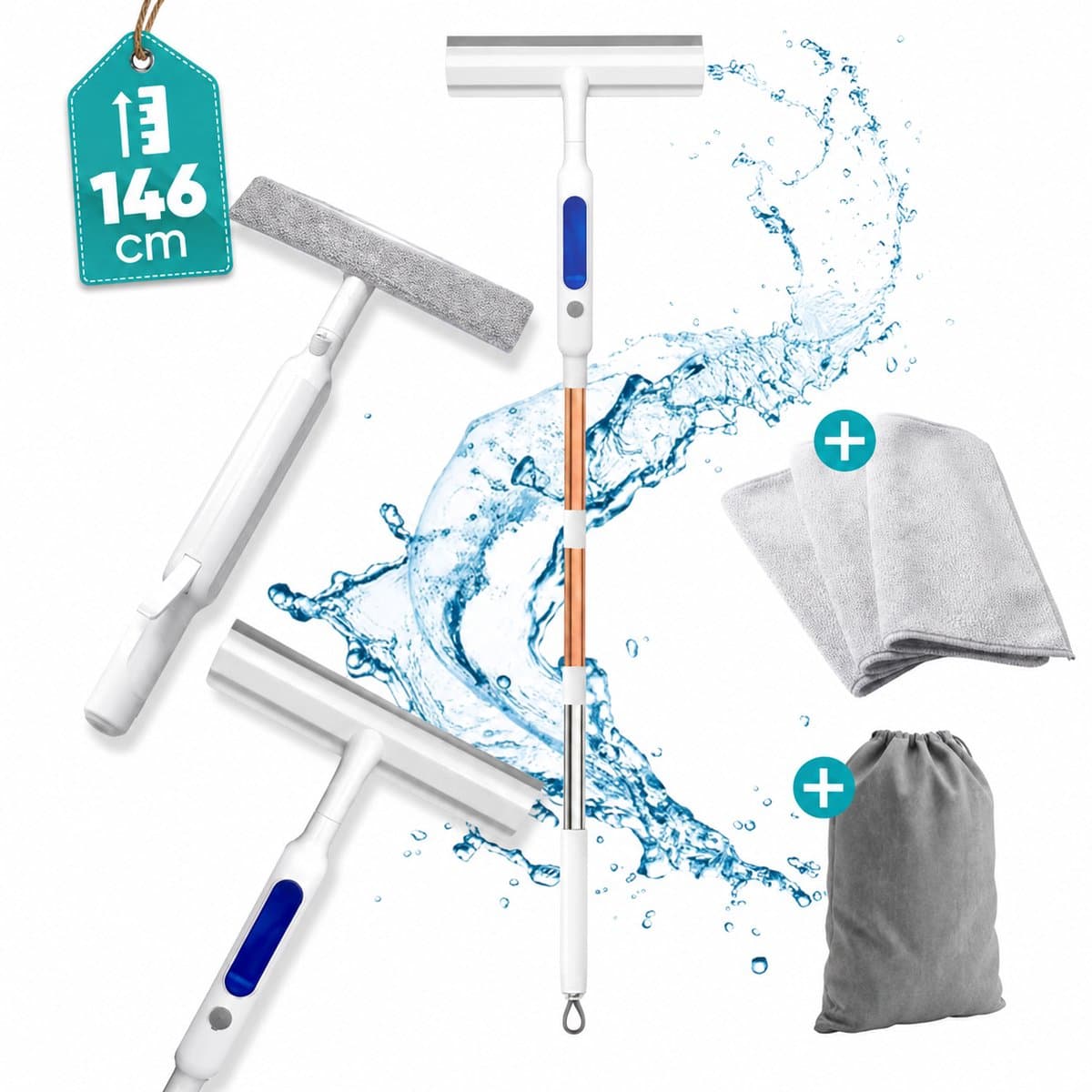 Tibagoods 4-in-1 Ramenwasser met Telescoopsteel - Ruitenreiniger - Raamwisser - Raamtrekker - Uitschuifbaar tot 146 cm - Incl. 3 microvezeldoeken - Met sprayfunctie