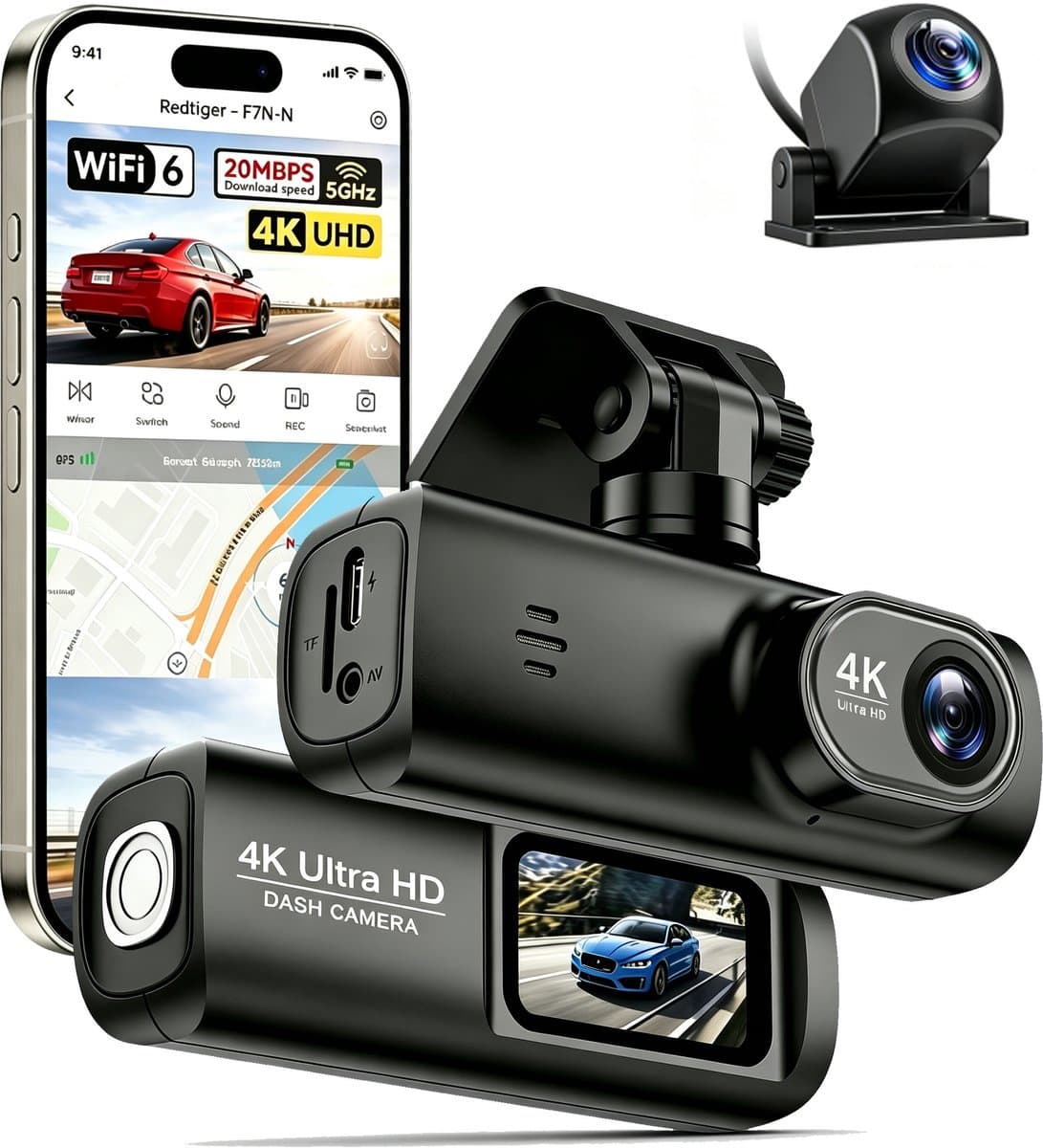 Namajunas – Dashcam voor auto voor en achter – 4K+1080P, WiFi, HDR nachtzicht -24-uurs bewaking– Dashcam voor auto full hd gps– G sensor, 170° groothoek, loop-opname, parkeerstand