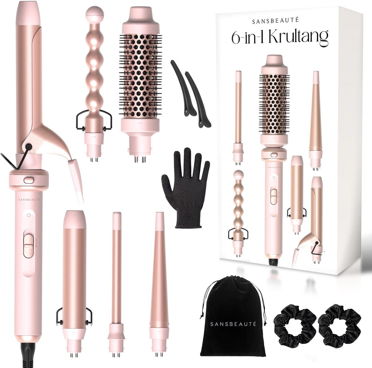 Sansbeauté® 6 in 1 Krultang met Klem - Keramische Haarkruller - 13mm tot 38mm - Beach Waves - Wavy Hair - Krultangen 32mm 25 mm 19 mm - Blowout Brush - Haarstyler - Hair Curler - Dunne en Dikke Krultang - Mini Krultang - Krultang Kort Haar