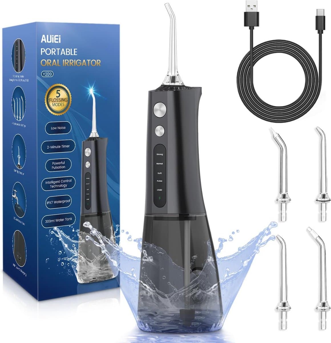 Waterflosser Draadloos - Professionele Mondirrigator met 5 Modi en 4 Straaltips, USB-C Oplaadbaar - Draagbare Tandenreiniger voor Thuis en Reizen