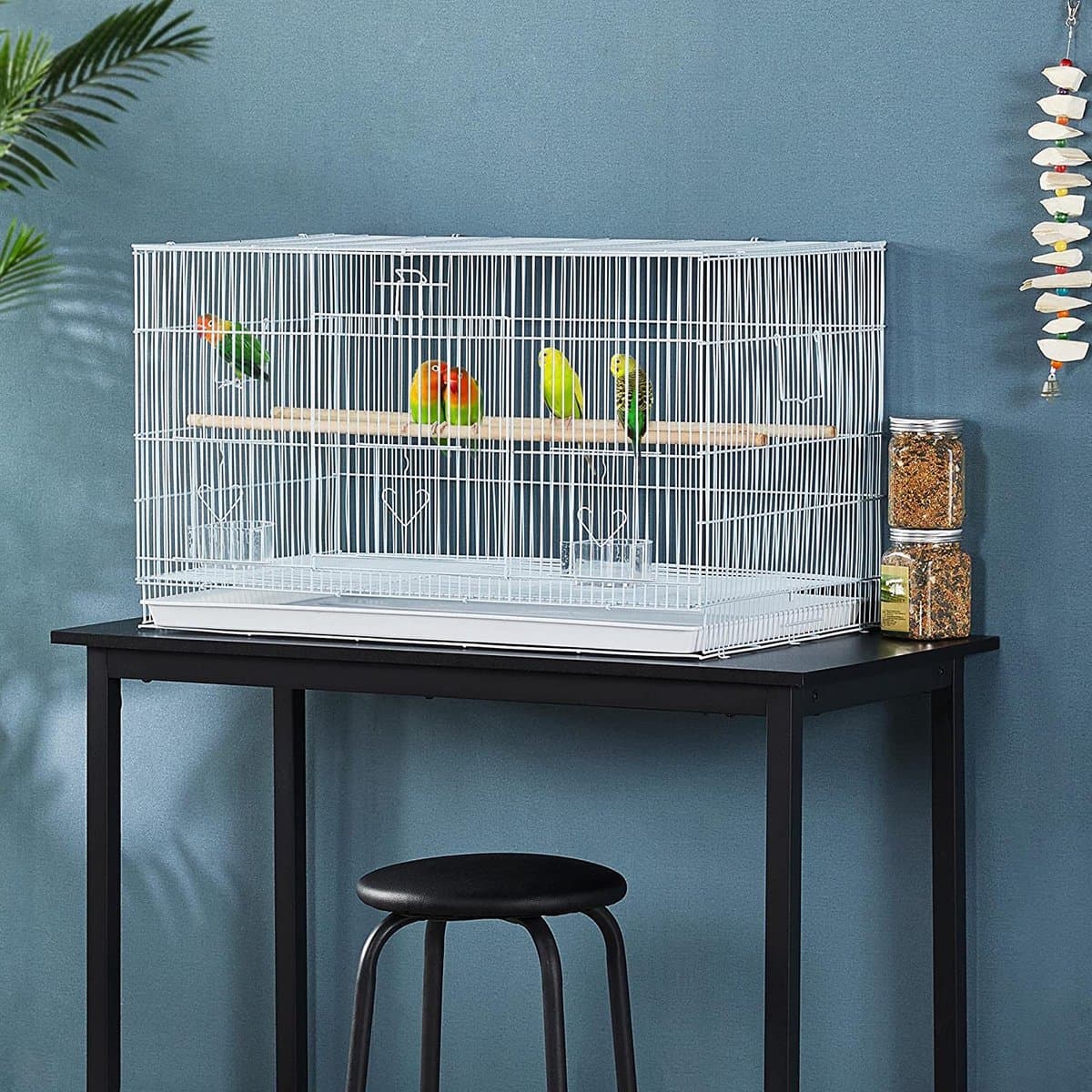 Papa Simba Vogelkooi, stapelbare vliegkooi, brede kooi met extra veel ruimte voor papegaaien, parkieten, wit, 76 x 45,5 x 45,5 cm HMTM-BC-10007-White
