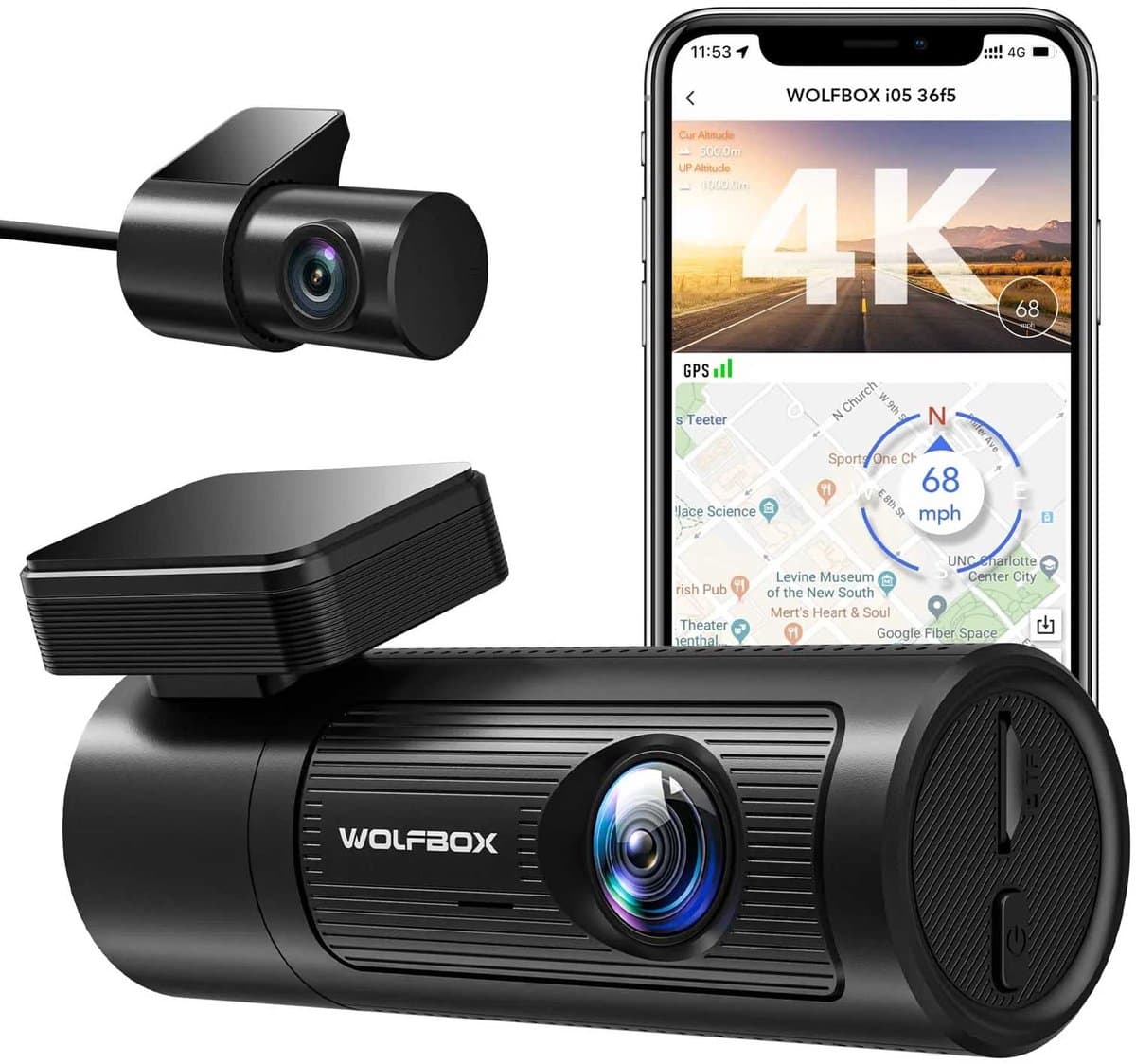 Wolfbox i05 4K Wifi Gps 2CH 32gb dashcam - Wifi met App - Parkeermodus - 4K + Full HD resolutie - Gps - 32gb Micro SD kaart - stijlvolle dashcam voor auto