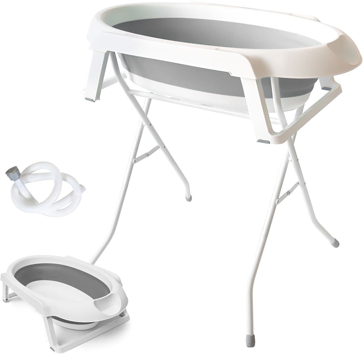 Opvouwbare Babybadkuip met IJzeren Standaard 66x61x82 cm – Ergonomisch op Staande Hoogte Geen Gebukt Staan Meer – Inklapbaar tot 17 cm – Inclusief Afvoerslang & Waterstop – Draagvermogen 35 kg – Voor Pasgeborenen & Baby s – TPR Bad – Grijs