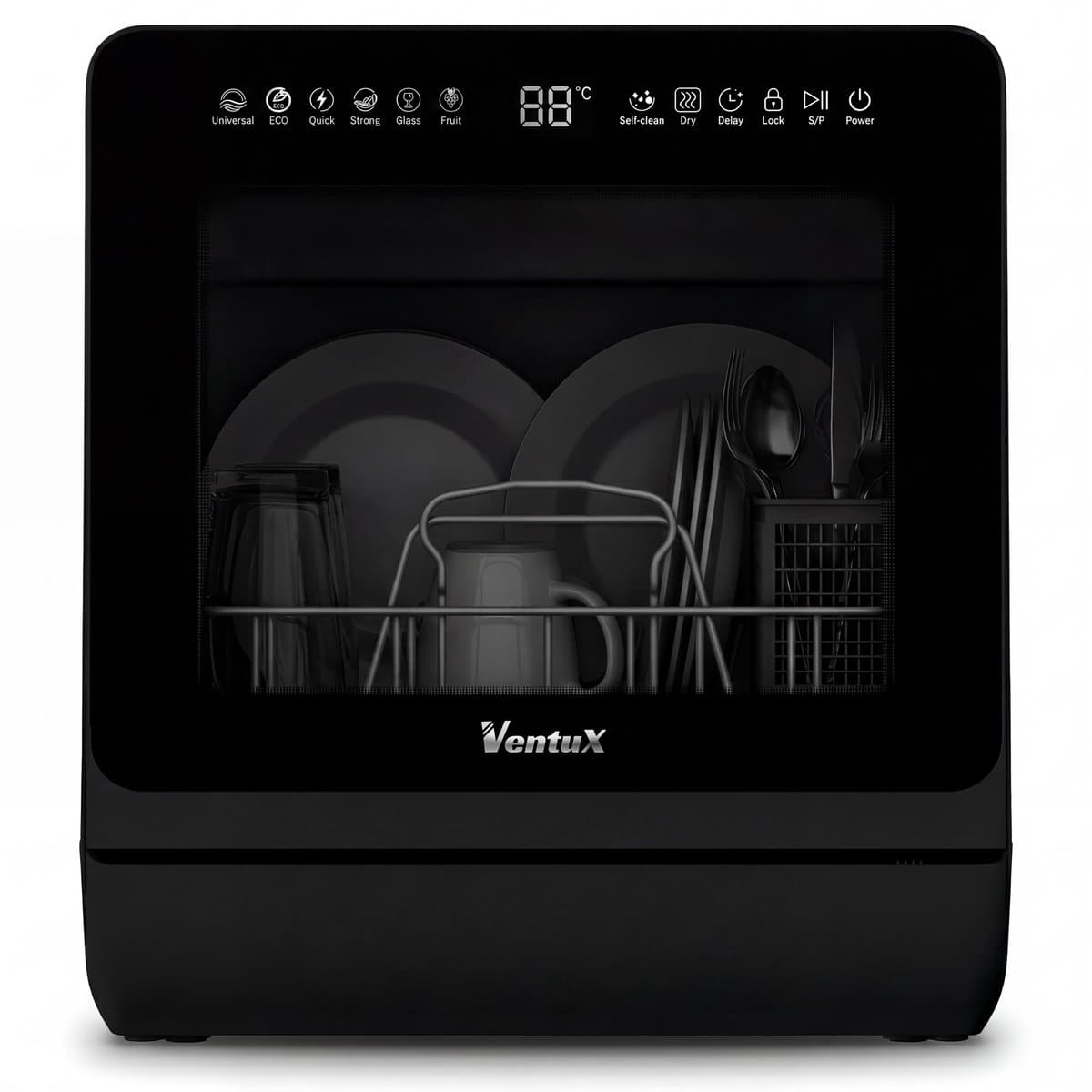 Ventux Mini Vaatwasser met Waterreservoir - 4-6 Couverts - 8 Programma's - Kleine Smalle Vrijstaande Vaatwasser - Mini Afwasmachine met UV-sterilisatie - Camping - Zwart