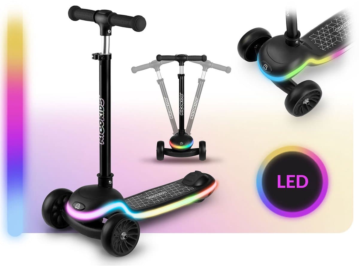 RicoKids Leddi - Kinderstep - LED Dek - Zwart - Drie Wielen