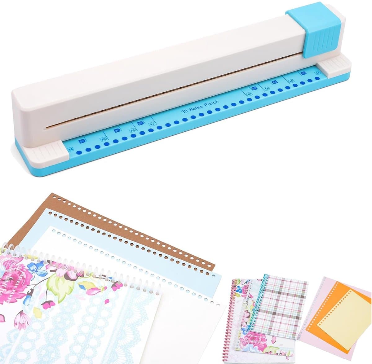 30-gaats perforator, planner- en bindmachine - Inbindmachine - voor A4, A5, A6, A7, B5, B6 en B7 - Perforator Losbladig - Handmatig - draagbare en verstelbare - voor het inbinden van boeken en losbladig papier - een capaciteit van 3 vellen - Blauw