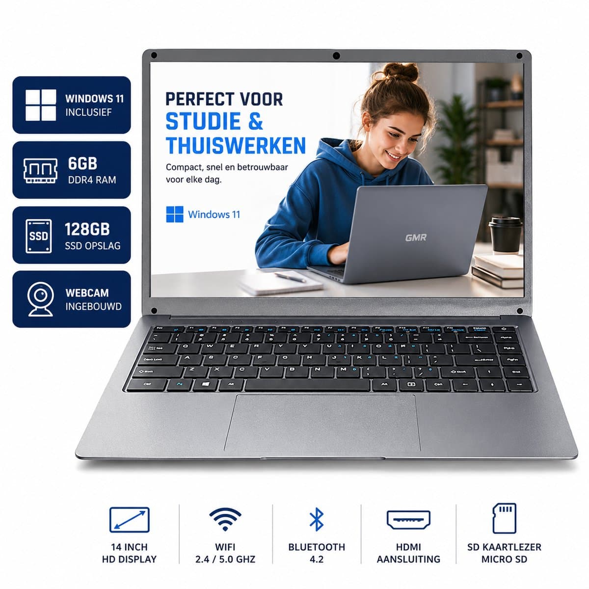 Laptop 14 Inch - Windows 11pro - Intel Celeron N4000 - 6GB RAM - 128GB SSD - GMR Notebook voor Studie, School, Office, Internet, E-mail en Thuiswerken - Studenten Laptop - Compacte Werk Laptop