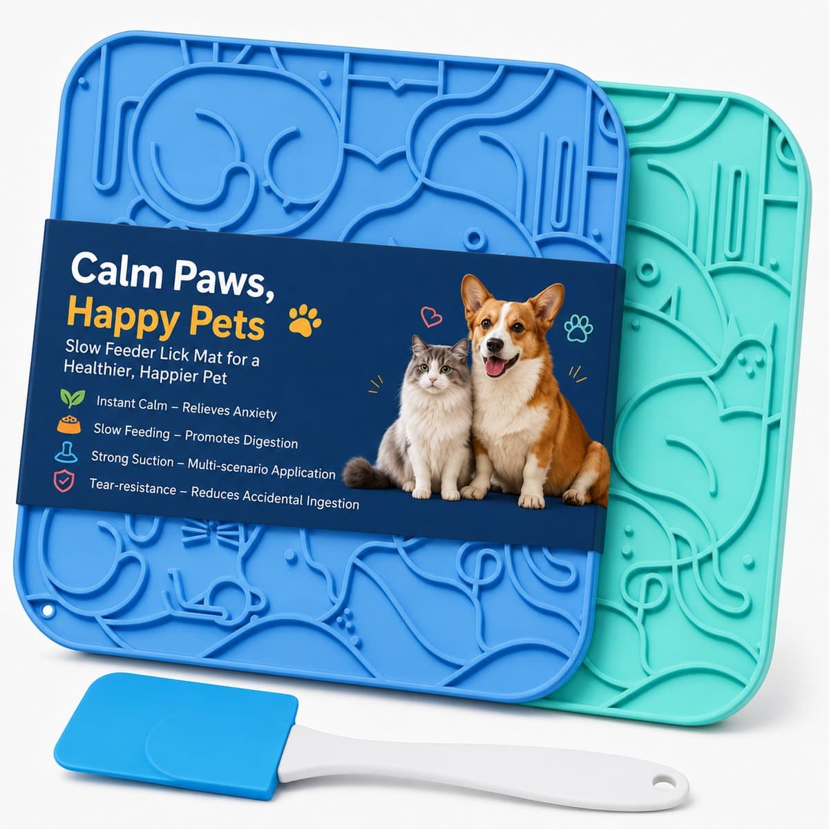BOTC Likmat Hond met Silicone spatulas - 3-Delig Likmat Voermat Hond - voermat - Slowfeeder Hond - Blauw en Groen