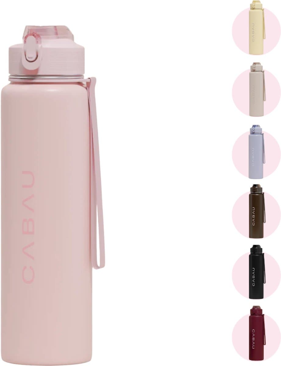 Cabau – Bloom Waterfles Staal – 870 ml – Pink – Roestvrijstalen Drinkfles met Rietje – BPA-vrij & Lekvrij – Thermosfles voor Sporten, Werk en Onderweg