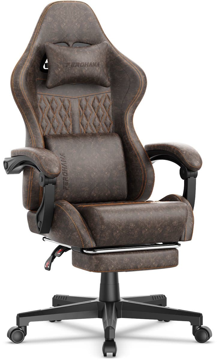 Soontrans-Gaming Stoel-Inklapbare Voetensteun-Gamestoel Verstelbaar Rugleuning-Ergonomische Gaming Chair-Bureaustoel-Max Draagvermogen 120 kg-PU Kunstleer Computerstoel Gaming Voor Volwassenen en Jongeren-Bruin