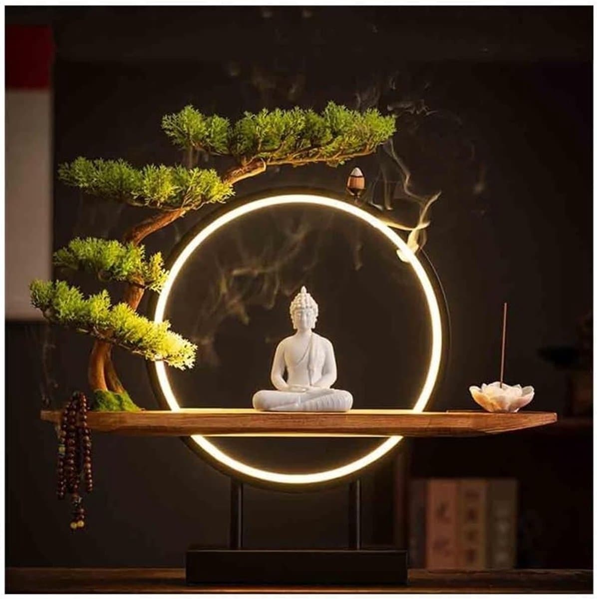 Decoratie Boeddha - Feng Shui - Huis Verfraaien - Keramiek met Lichtring - 9x9x11 cm - Wit