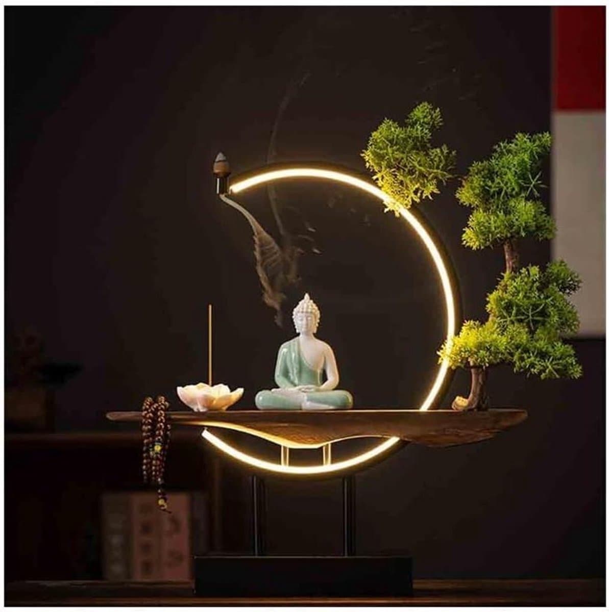 Boeddha Beeld - Decoratie Set - Woonkamer Decoratie - C-vormige Lichtring - 9.2x9.2x11cm - Groen