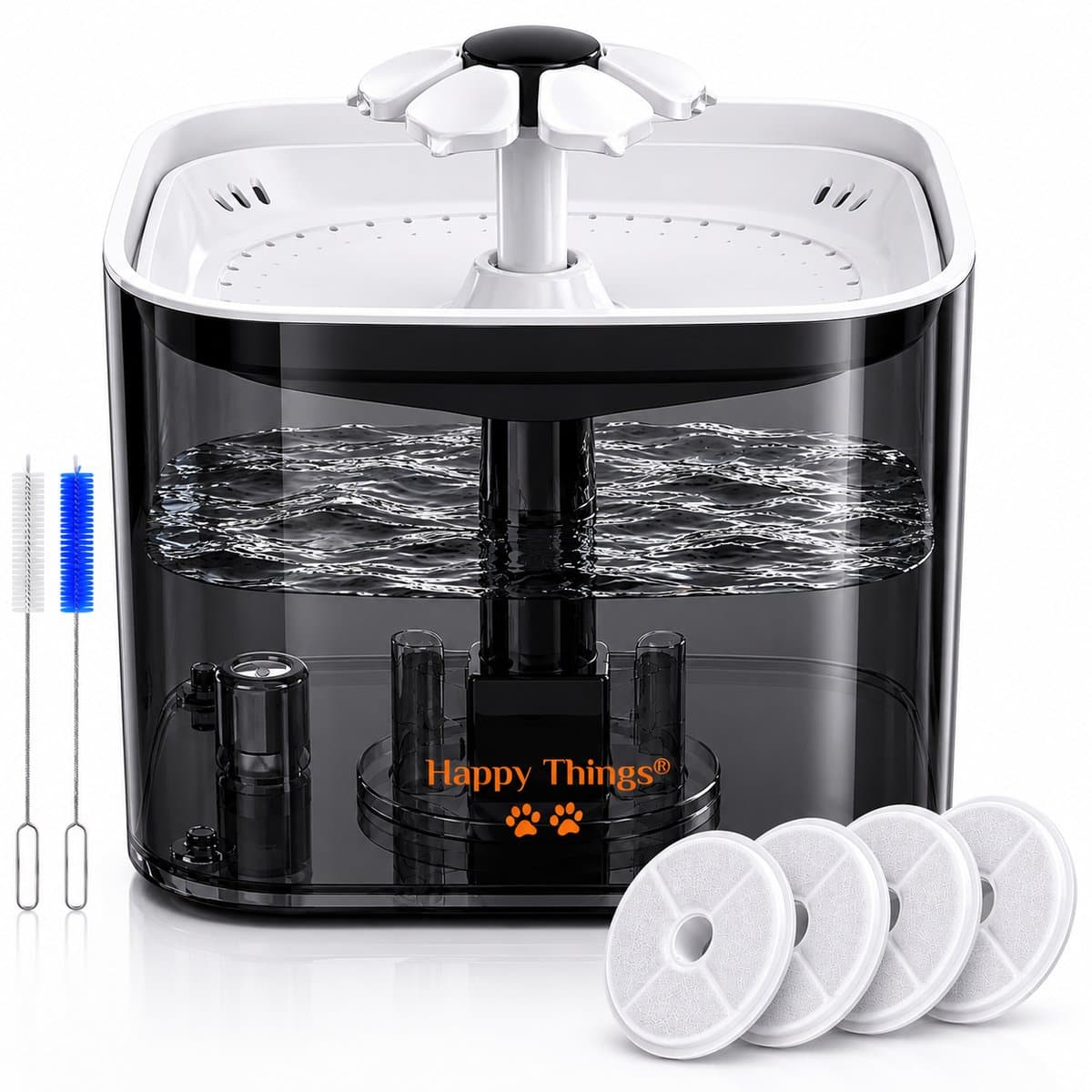 Happy Things - Drinkfontein Hond en Kat - Geruisloos - 2.5 L - Transparant Zwart met Goud - incl 4 Filters
