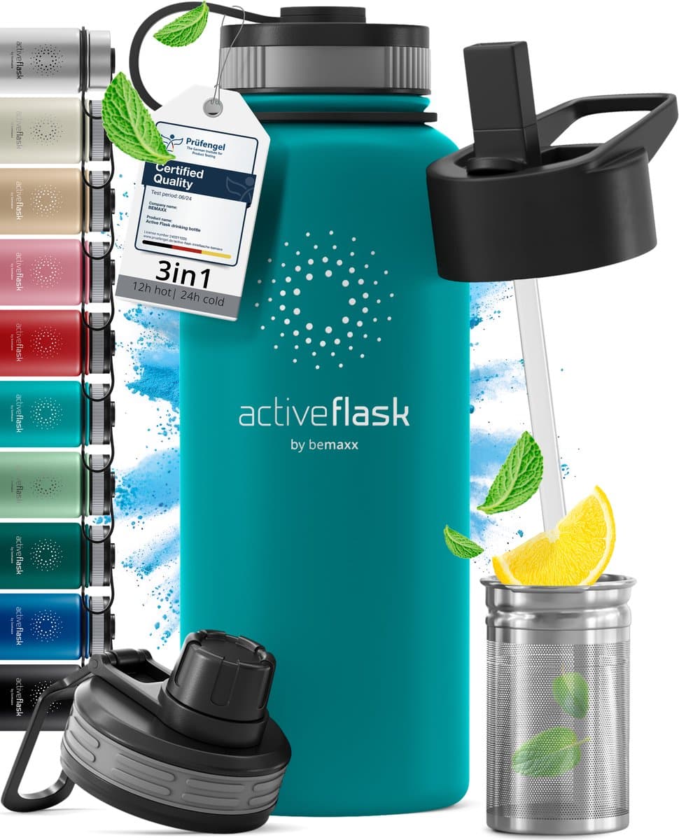 bemaxx Drinkfles met Rietje RVS Thermosfles ACTIVE FLASK (3 Drinkdoppen met Infuser), Volwassenen Kinderen, BPA-Vrij + Lekvrij | 1 Liter/500 ml Isoleerfles, Vacuüm Waterfles Sport Fitness Fietsen Water Fles Waterbidon Sportbidon