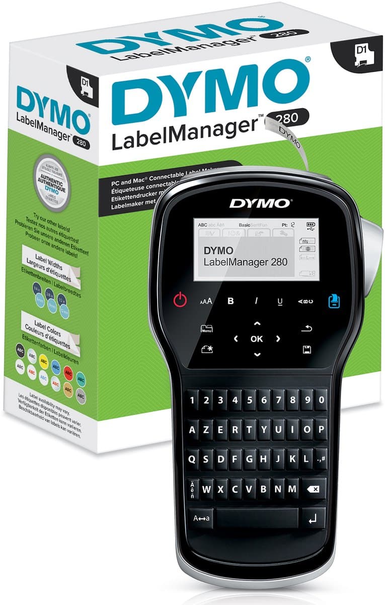 DYMO LabelManager 280-labelmaker | Oplaadbare, draagbare labelprinter met AZERTY-toetsenbord | Inclusief zwart-wit D1-labeltape (12 mm) | Voor thuis en op kantoor
