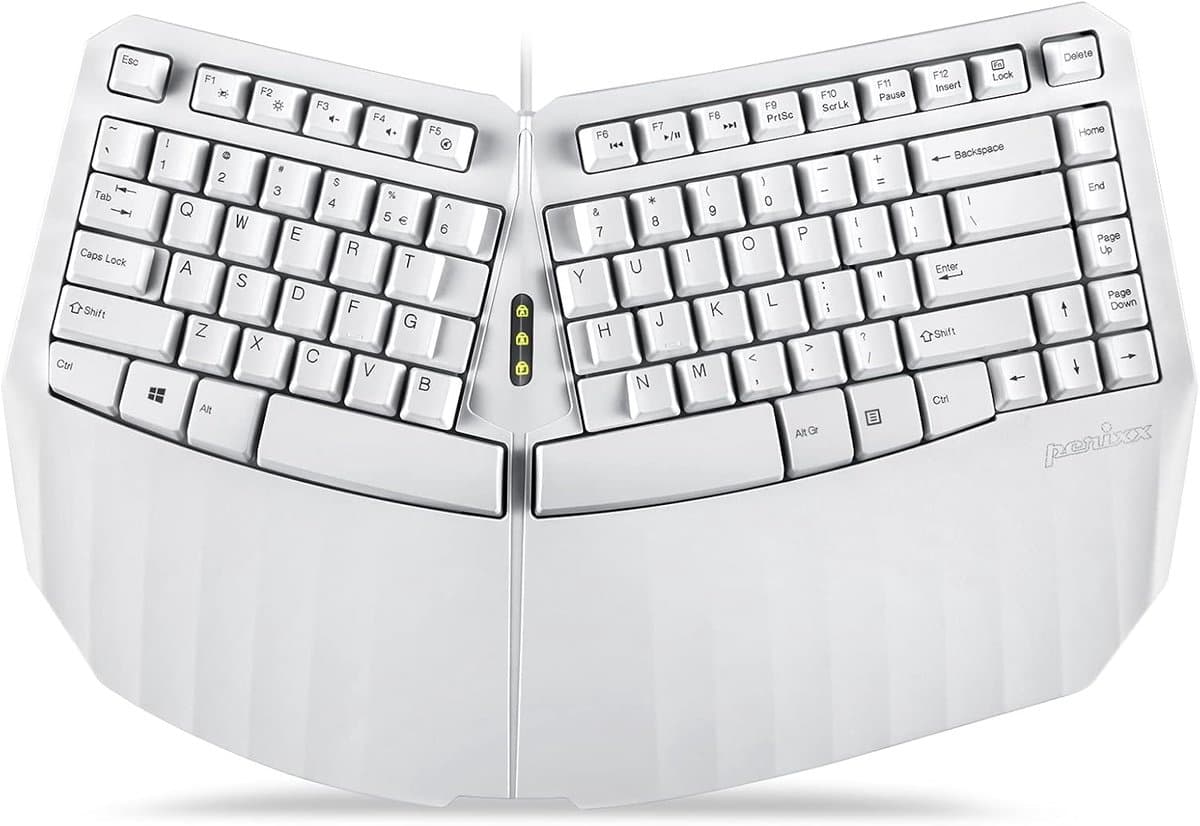Perixx Periboard-413W Compact Ergonomisch Toetsenbord – Bedraad USB – Wit – US QWERTY – Gedeeld Toetsenveld – Polssteun