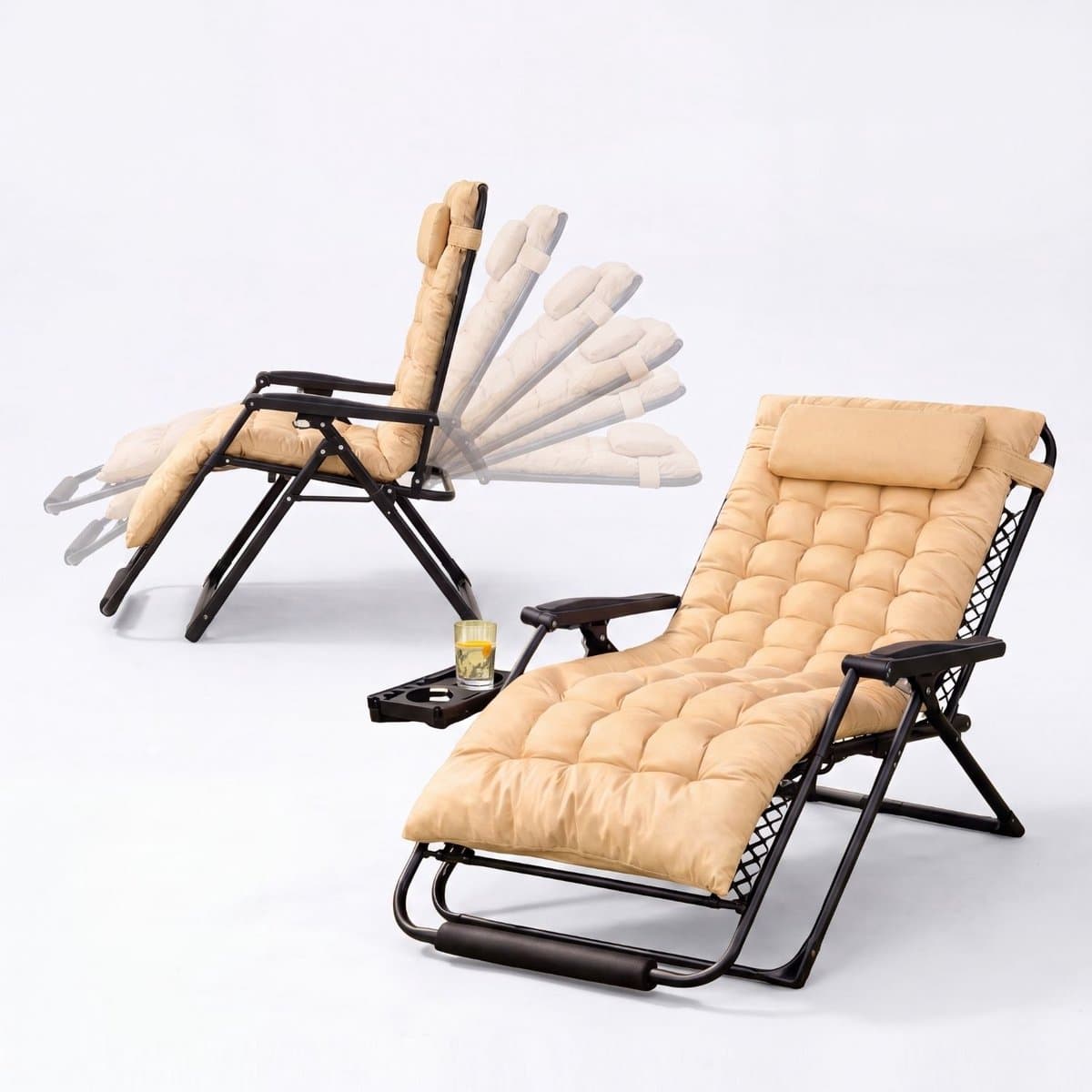 FlinQ 2x XL Relax Tuinstoelen Cloud Comfort Deluxe - Verstelbare Zero Gravity Relaxstoel - Extra breed - Extra dikke kussens - Hoofdkussen & Bekerhouder/Tafeltje - Ligstoel - Tuinmeubelen - Ideale Campingstoel - Ook voor Tuin of Balkon