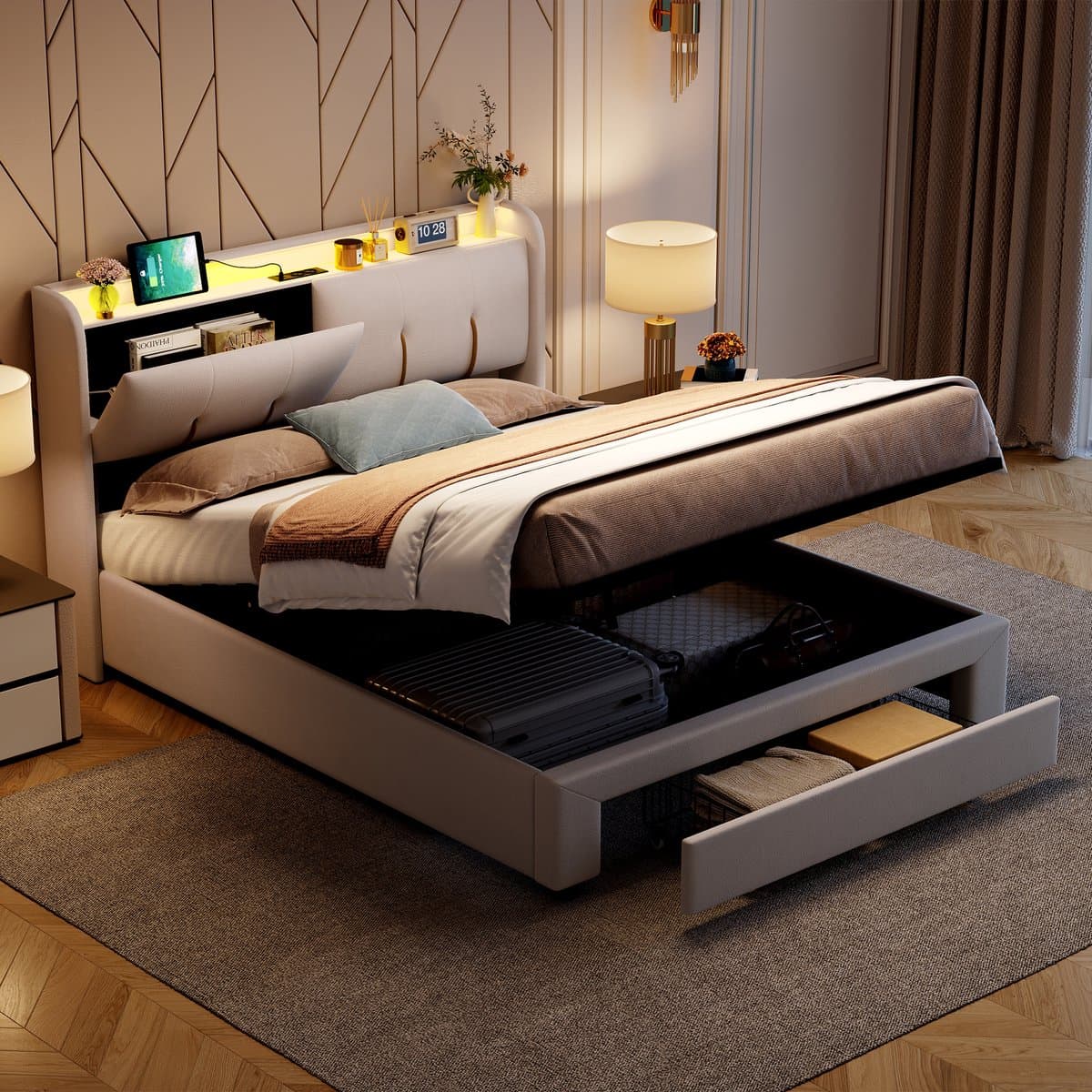 Opbergbed 160x200 cm crèmewit met opbergruimte in het hoofdbord, lade, LED-verlichting en USB-oplaadpoort, gestoffeerd tweepersoonsbed