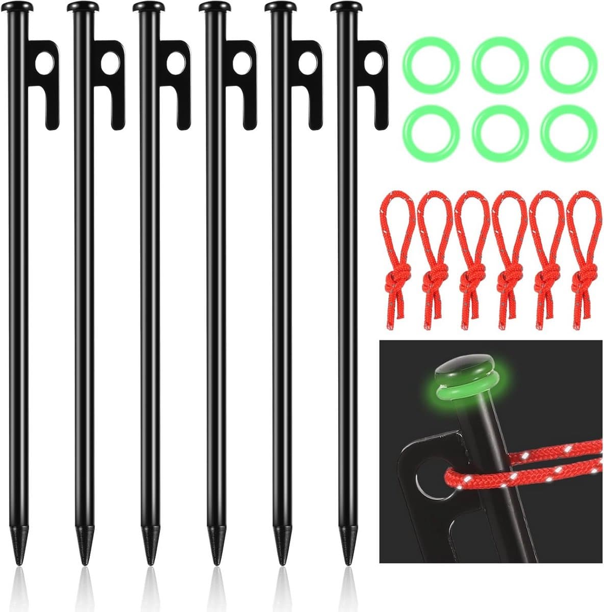 6 stuks stormbestendige tentharingen met lichtring en reflectortouw voor camping en outdoor - afbeelding 1
