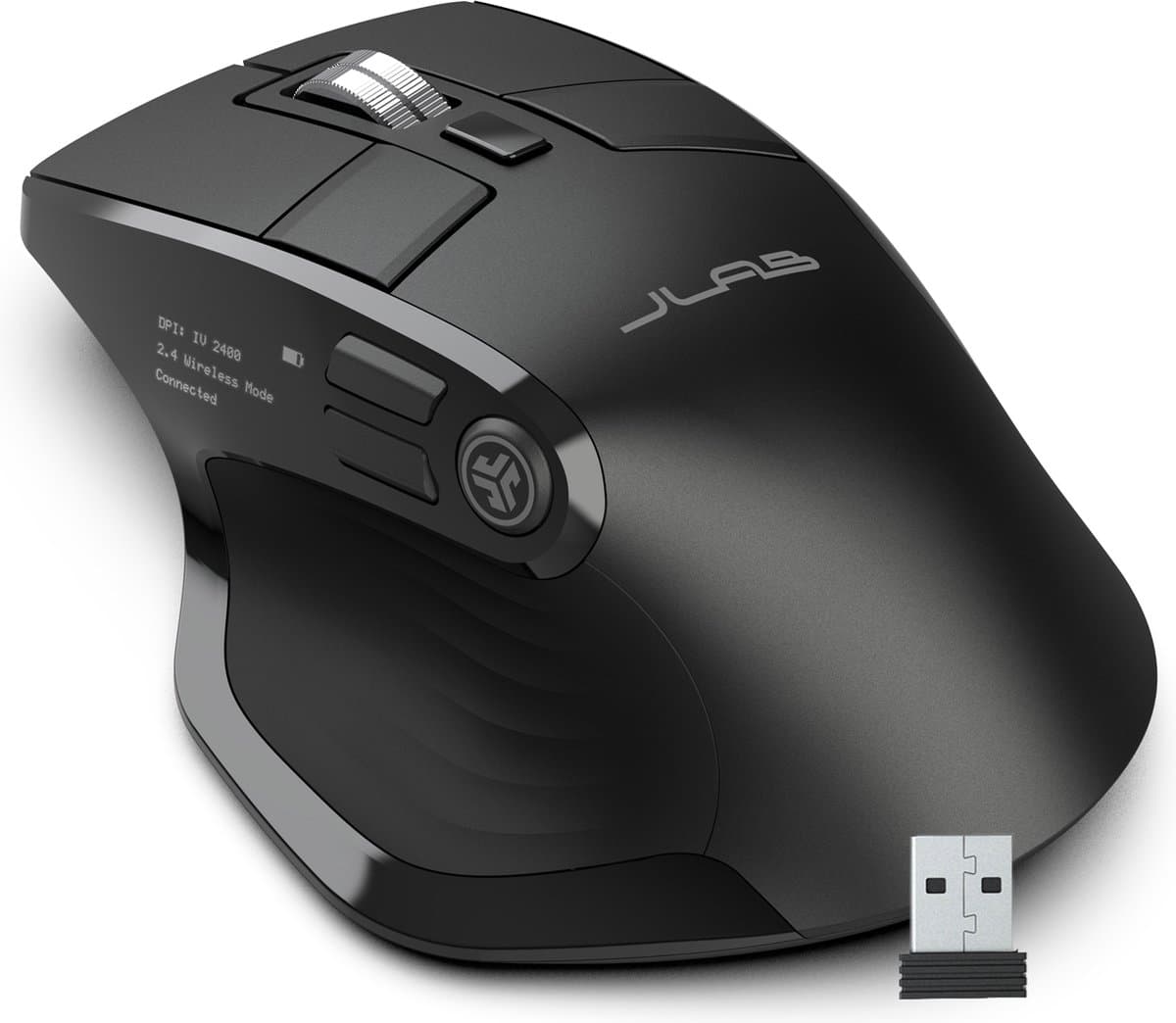 JLab Epic Draadloze Muis - Bluetooth Computermuis Draadloos - Stille Clicks - Verbind 3 Apparten - Draadloze Dongle - 4 Maanden Batterijduur - Rechtshandig - Multipoint - USB C Oplaadbaar - Zwart