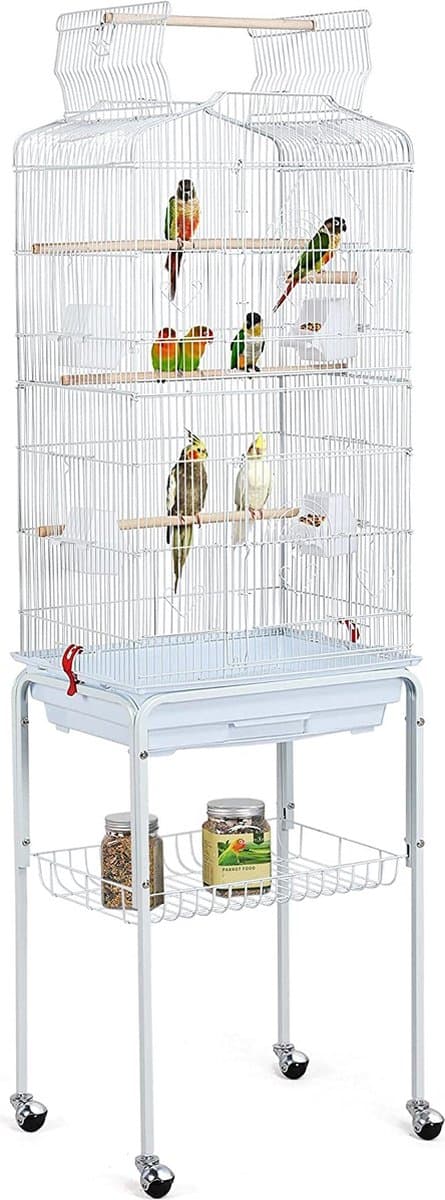 Papa Simba XXL Vogelkooi voor Parkieten & Kanaries - Met Standaard, Wielen, Zitstokken & Voerbakken - Sterk Metaal- Wit- HMTM-10002-White