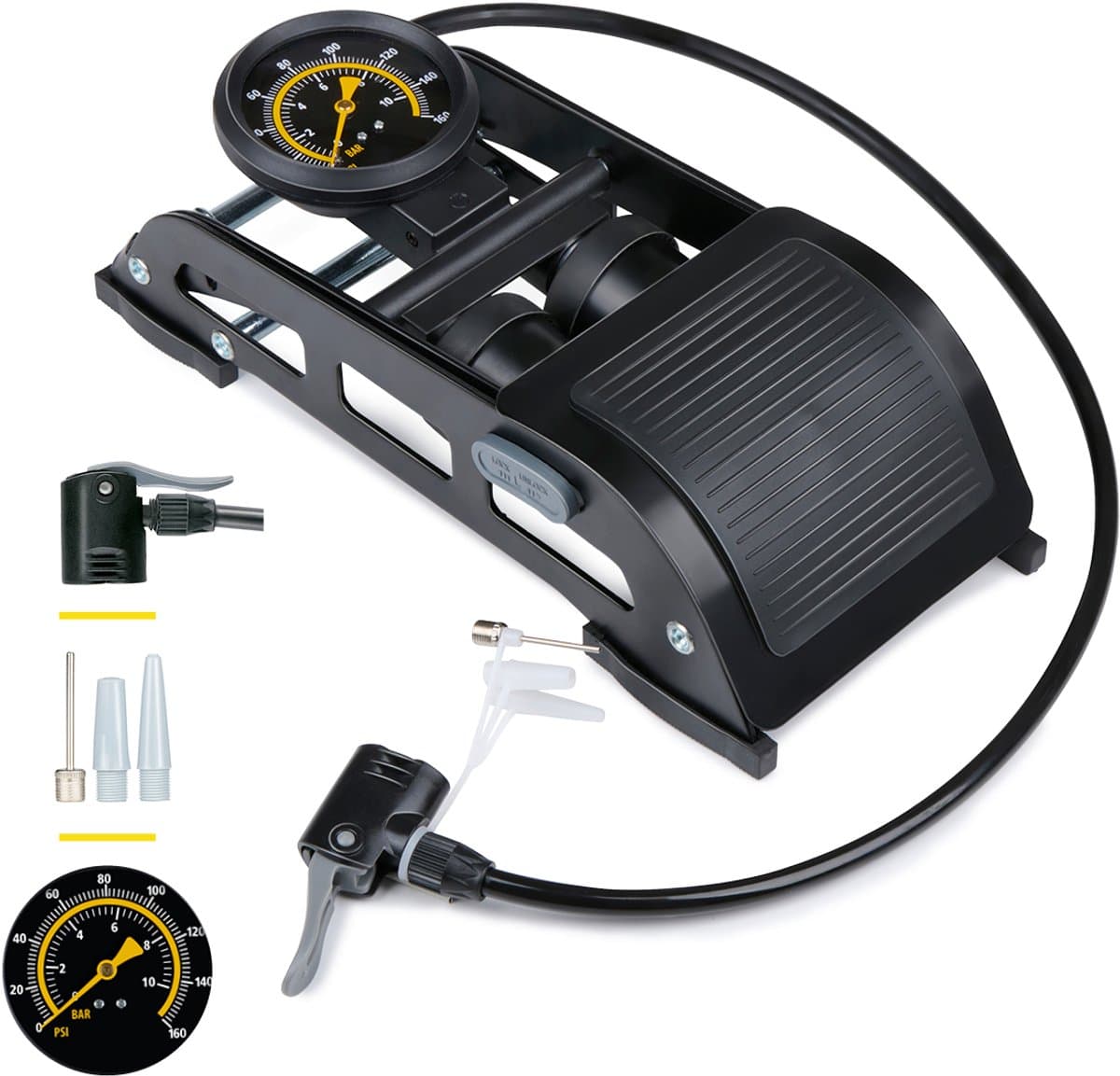 Dunlop Dubbele Voetpomp met Manometer - Luchtpomp voor Auto, Fiets, Motor en Bal - Fietspomp met Drukmeter - Pomp met Schrader Ventiel en Frans Ventiel Universeel