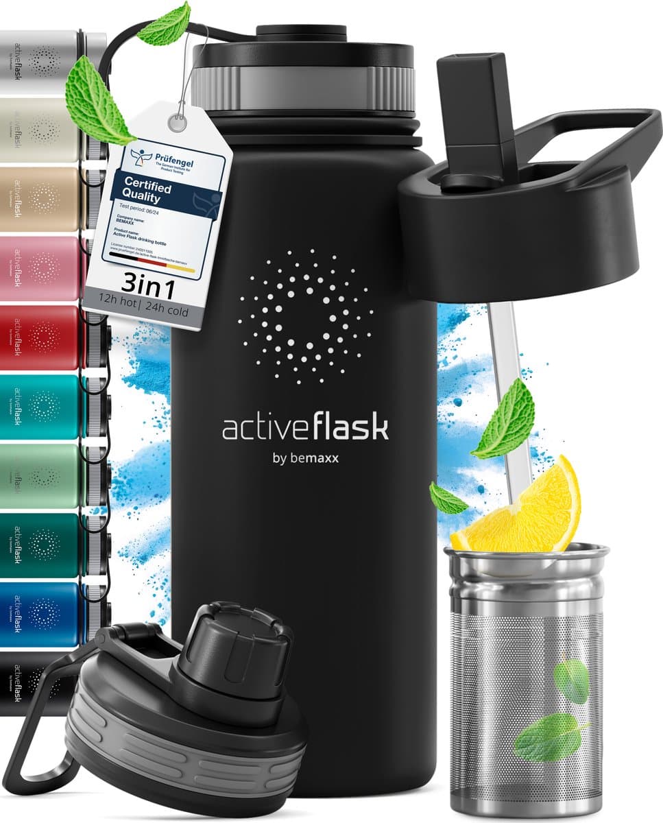 bemaxx Drinkfles met Rietje RVS Thermosfles ACTIVE FLASK (3 Drinkdoppen met Infuser), Volwassenen Kinderen, BPA-Vrij + Lekvrij | 1 Liter/500 ml Isoleerfles, Vacuüm Waterfles Sport Fitness Fietsen Water Fles Waterbidon Sportbidon
