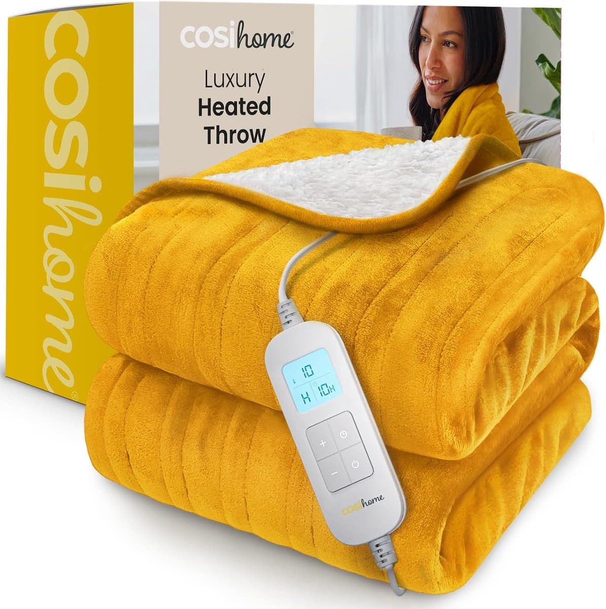 Cosi Home – Elektrische Deken – Luxe Fleece en Sherpa Wol - 180 x 130 cm Warmtedeken met 10 Warmtestanden, 10-Uurs Timer en Oververhittingsbeveiliging – Machinewasbaar – Mosterd