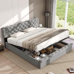 Productfoto van Tweepersoons Boxspring Bed 180x200 cm Grijs Gestoffeerd met Hydraulische Opbergruimte en Verstelbaar Hoofdeinde