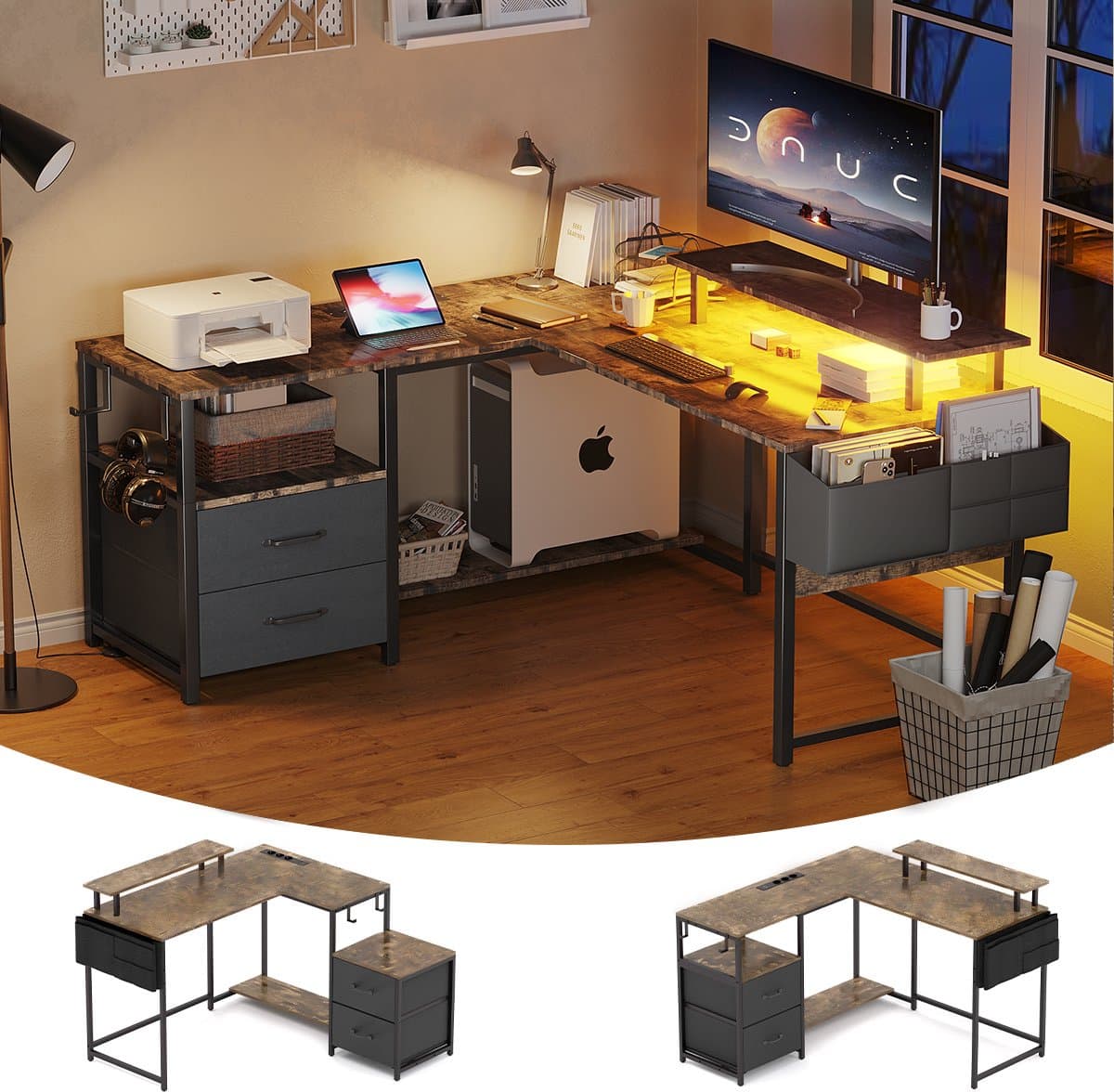 Gaming Bureau met LED Verlichting - 120x120x75cm - L-Vormig Game Bureau met Stopcontact - 2 Non Woven Lade - Gaming Desk - Computer Tafel - Gaming Tafel - Bureau voor Gamen, Studeren en Werken - Vintage Bruin