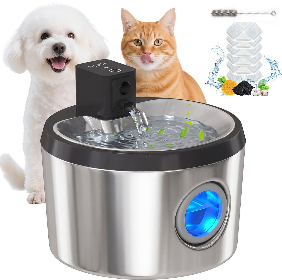 4 l draadloze roestvrijstalen kattenwaterfontein met bewegingssensor, 6 filters, dubbel filtersysteem, led, zilver