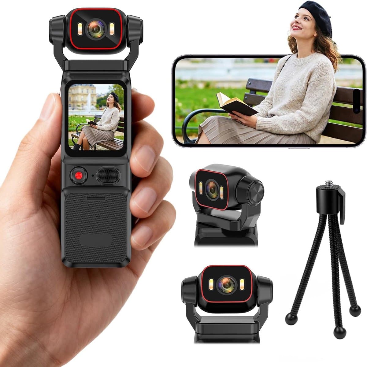Action Cam 4K - 6-assige stabilisatie videocamera, vlog, live view-display, vlogcamera, wifi, 160° groothoek, draaibare lens en 3000 mAh batterij voor fietsen, vlogging, reizen en outdooractiviteiten