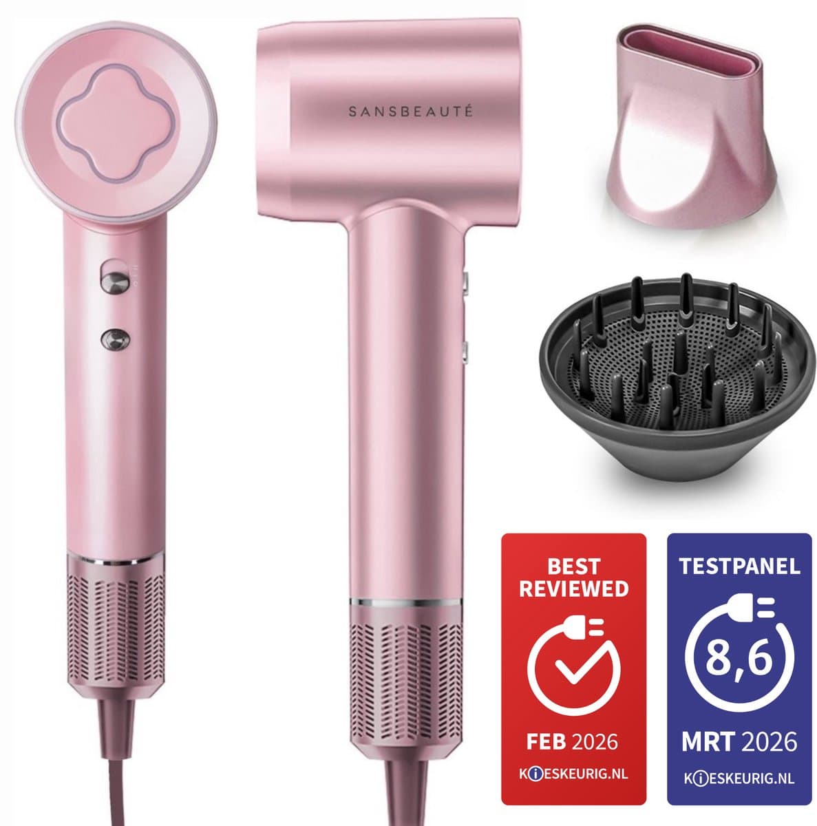Sansbeauté® Föhn met Diffuser - Krullen - 110.000RPM - Ionische Haardroger met Borstel - 3 Standen - 3 Opzetstukken - Reisföhn - Sèche Cheveux - Krul Feun Set - Haarföhn met Defuser - Hair Blow Dryer - Kappersfohn - 2000W