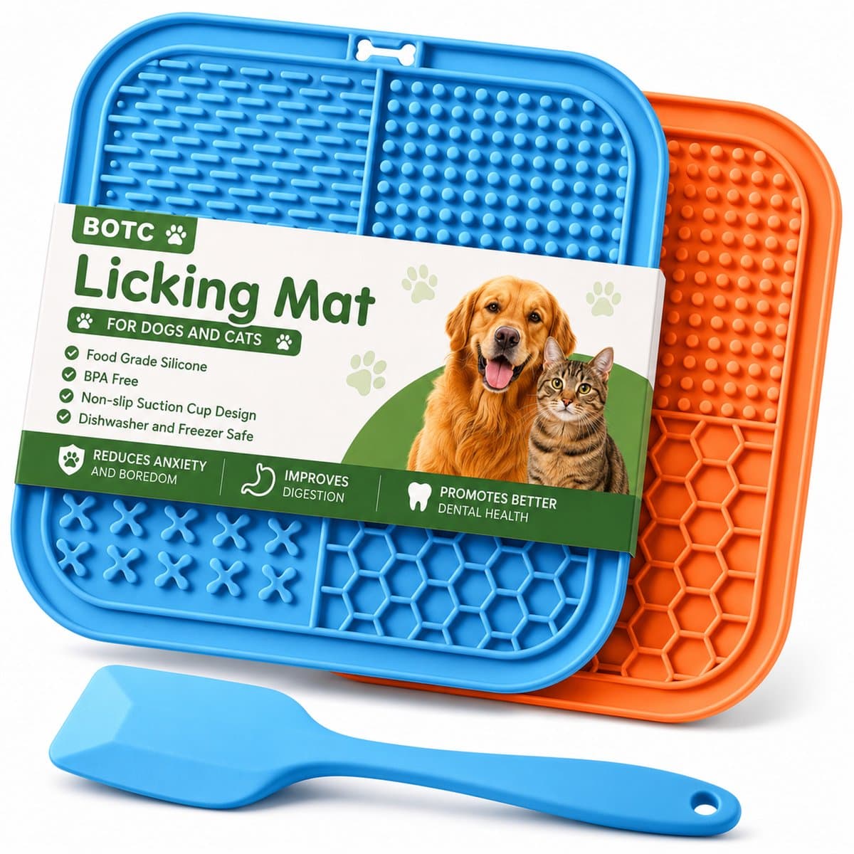 BOTC Likmat Hond met Silicone spatulas - 3-Delig Likmat Voermat Hond - voermat - Slowfeeder Hond - Blauw /Geel