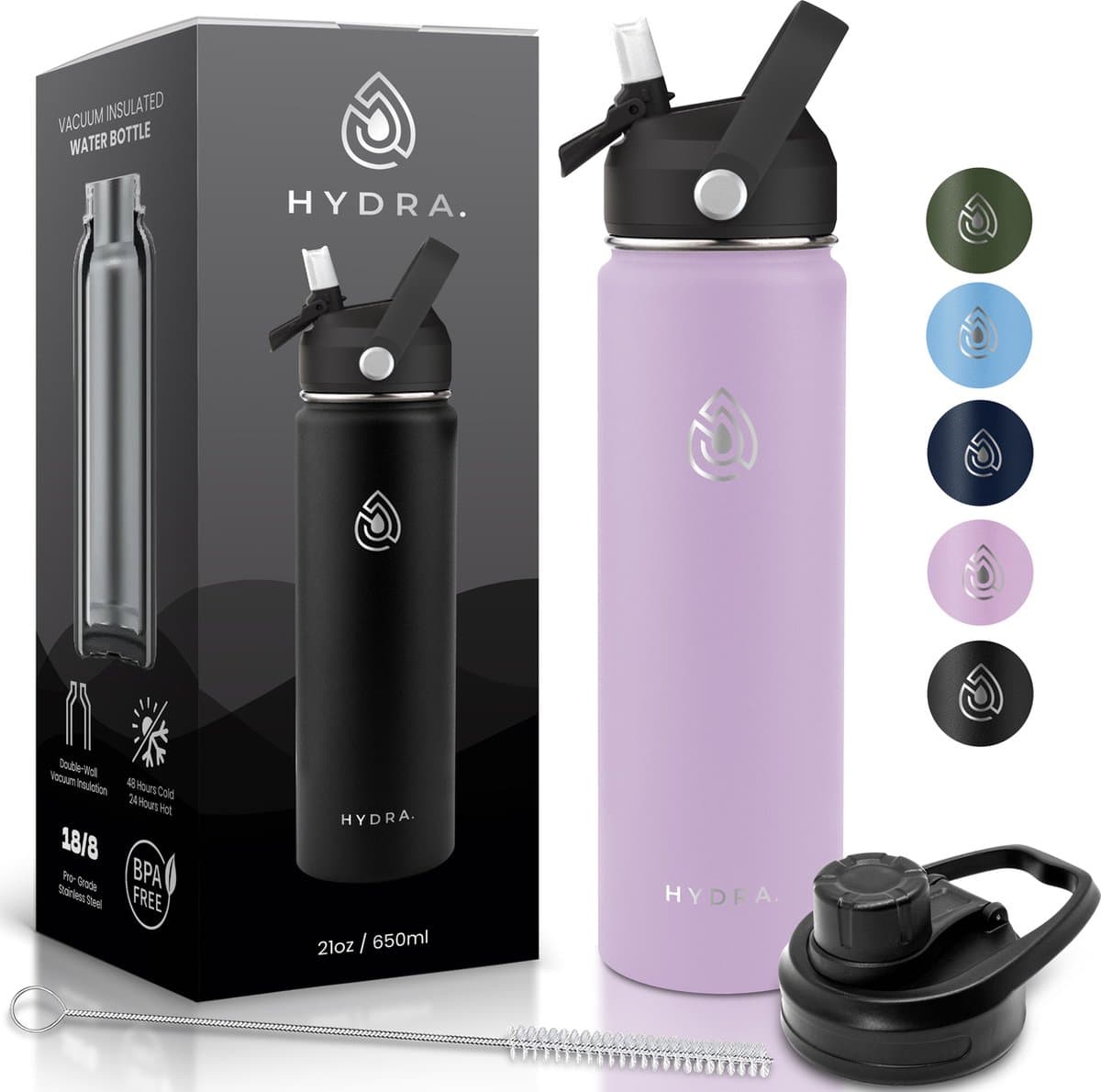 Hydra Essentials® RVS Drinkfles 650 ml - Thermosfles met Rietje en Draaidop - Dubbelwandig BPA-vrij & Lekvrij - 24u Koud / 24u Warm - Inclusief Schoonmaakborstel - Cadeau voor Volwassenen - Sport, Werk & School - Pink Lady