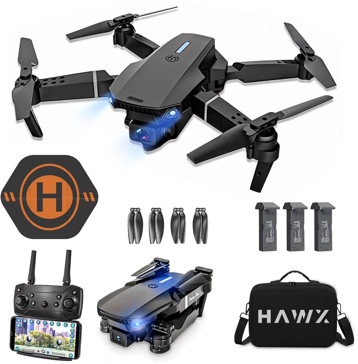 HAWX Drone - Drone met 4K Camera - Mini drone - Voor Kinderen/Volwassenen - Drones - Tot 90 Minuten Vliegen - Incl. 3 Batterijen, Opbergtas, Landing Pad - afbeelding 1