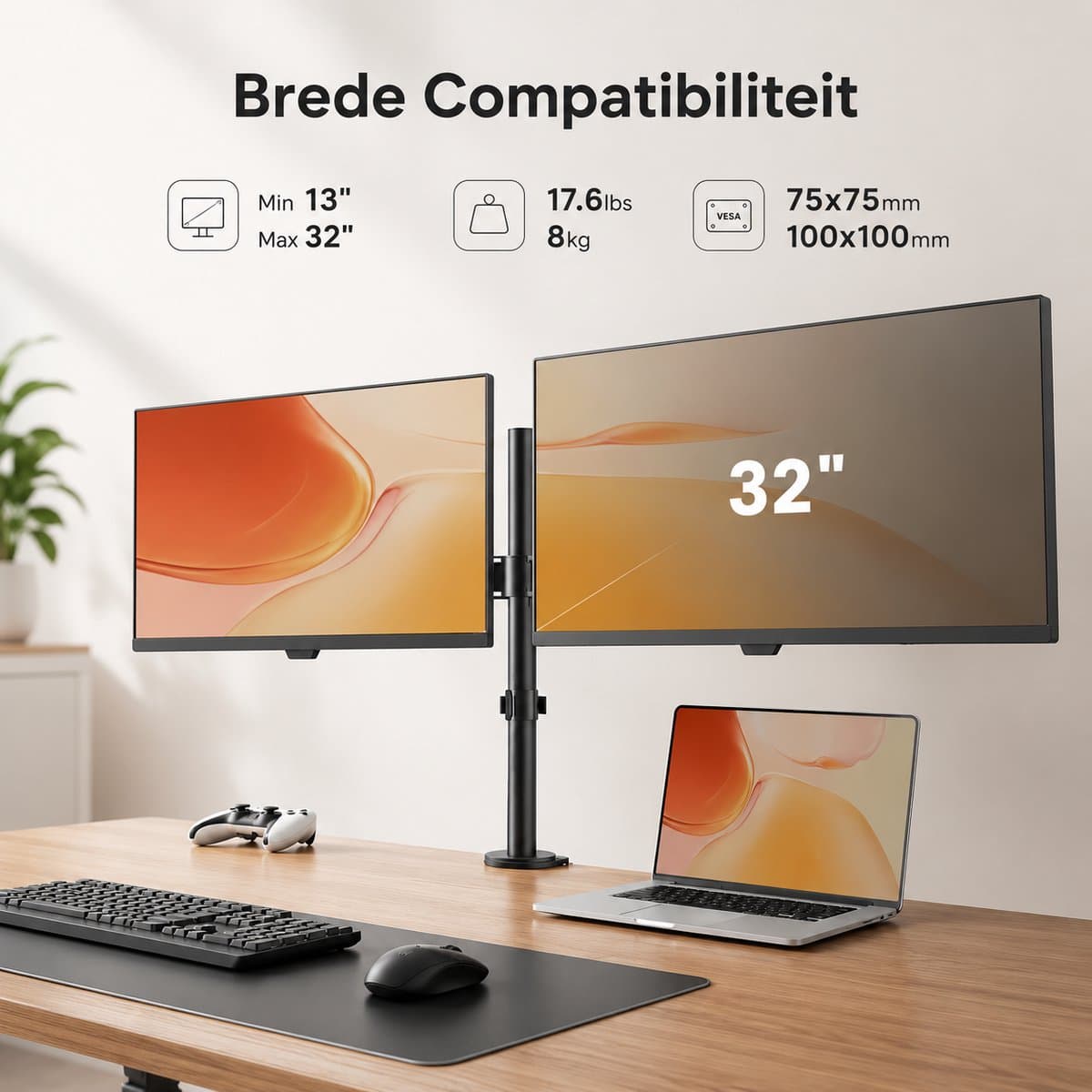 Sounix Dubbele Monitor arm – Bureau standaard - Voor 2 Scherm - Monitor beugel voor 13 t/m 32 Inch - Zwart
