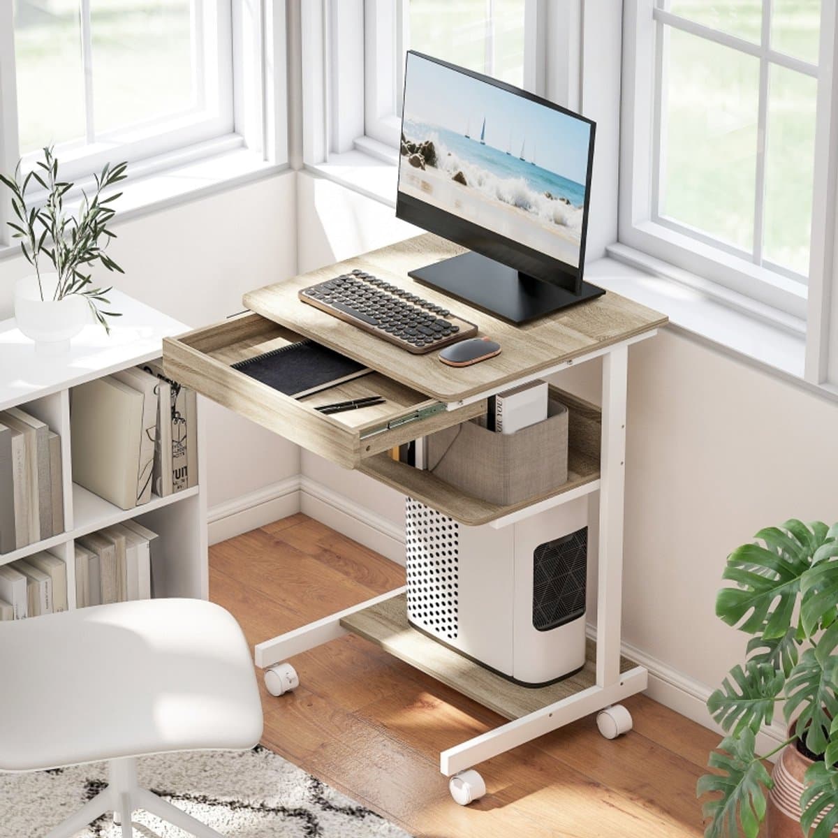 STILVORA Bureau 56 X 51 Cm - Met Lade En Planken - Op Wielen Met Rem - Voor Kleine Ruimtes En Thuiswerken - Hout Eiken