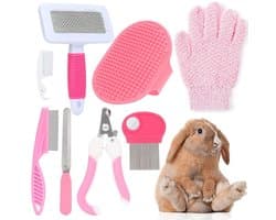 EXCITAT Verzorgingsset geschikt voor konijnen - Inclusief nagelknipper en -trimmer, dierenhaarverwijderaar, vlooienkam, shampoo en badborstel - Geschikt voor konijnen, puppy's, kittens, cavia's, fretten en andere kleine dieren - Roze