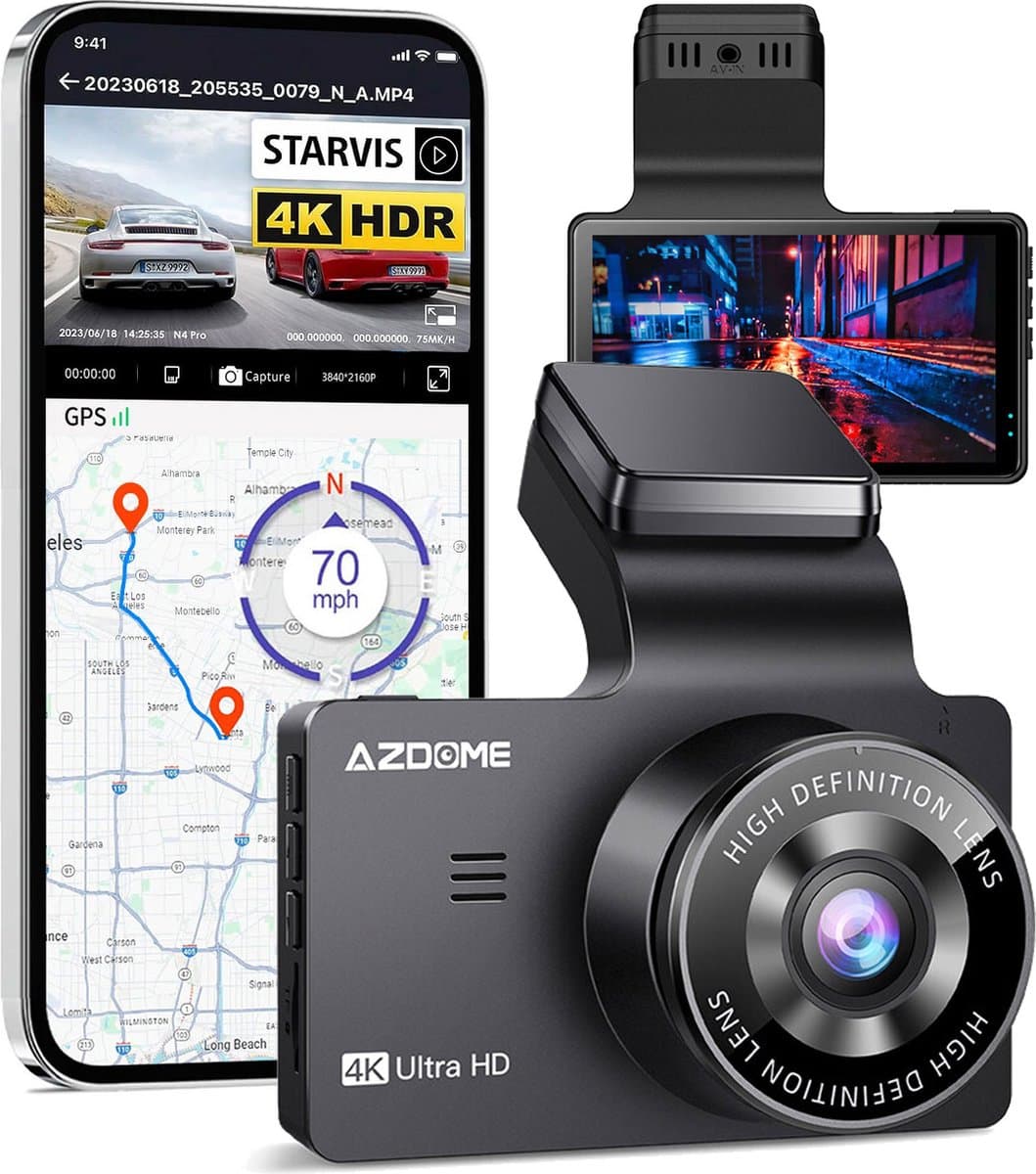 AZDome M63 Pro 1CH dashcam - Ultra 4K resolutie - Wifi - Gps - Parkeerstand - 64gb Micro SD - 3.0 inch Lcd - dashcam voor auto