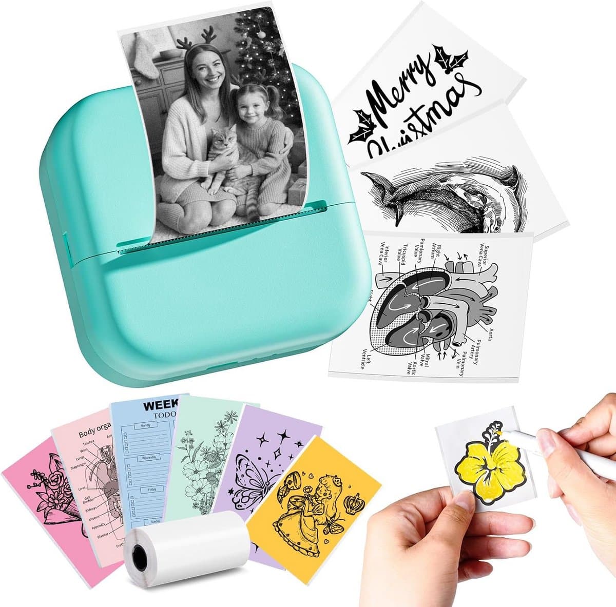 Draagbare Thermische Mini Printer - Bluetooth Stickerprinter voor Telefoon, Stickermaker voor Foto's, Notities en DIY (Groen)
