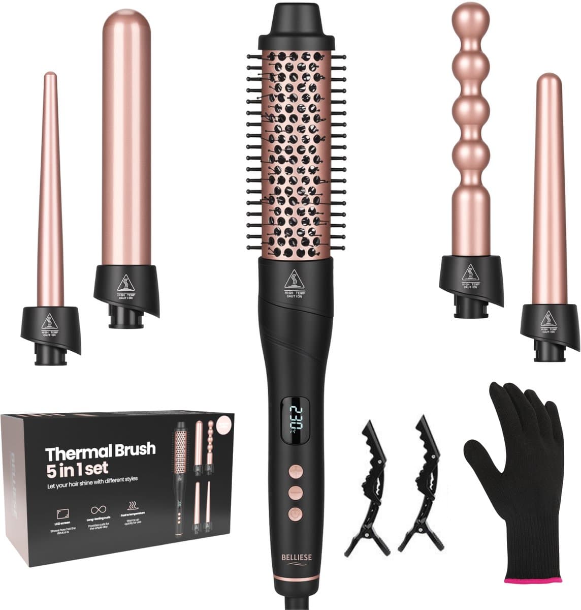 Belliese Elan Pro Thermal Brush - Krultang - Warmteborstel - Krultang 5 in 1 - Krultang 32mm - Verschillende opzetstukken - LCD scherm - Easy Click