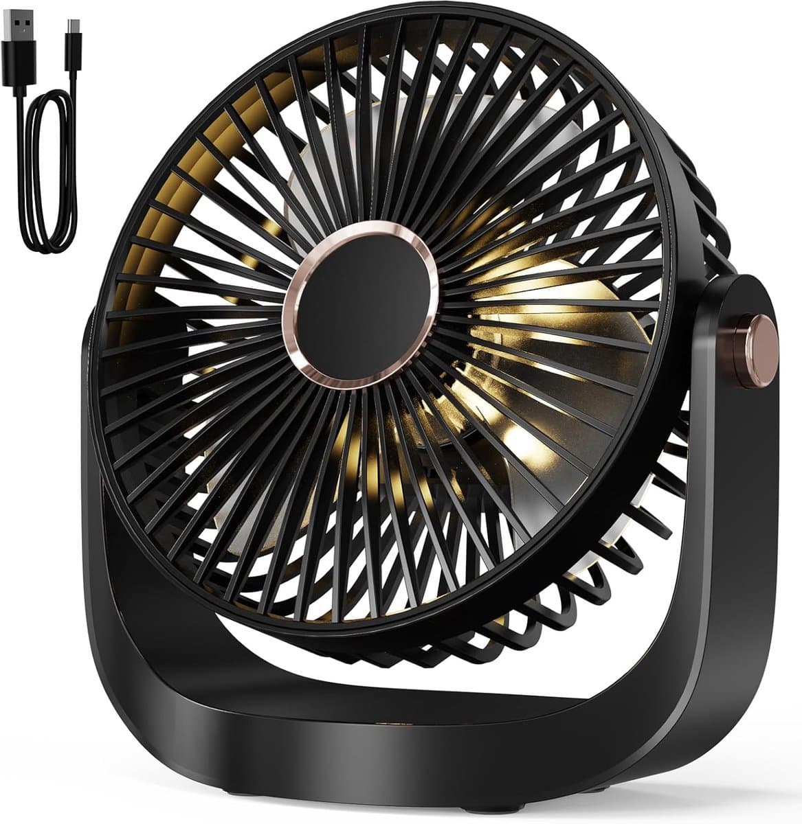 Solvix tafel ventilator geluidloos - Tafelfan met Nachtlamp - Zwart - Oplaadbare USB Fan - 5 Snelheden - Voor Thuis, Kantoor en Reis