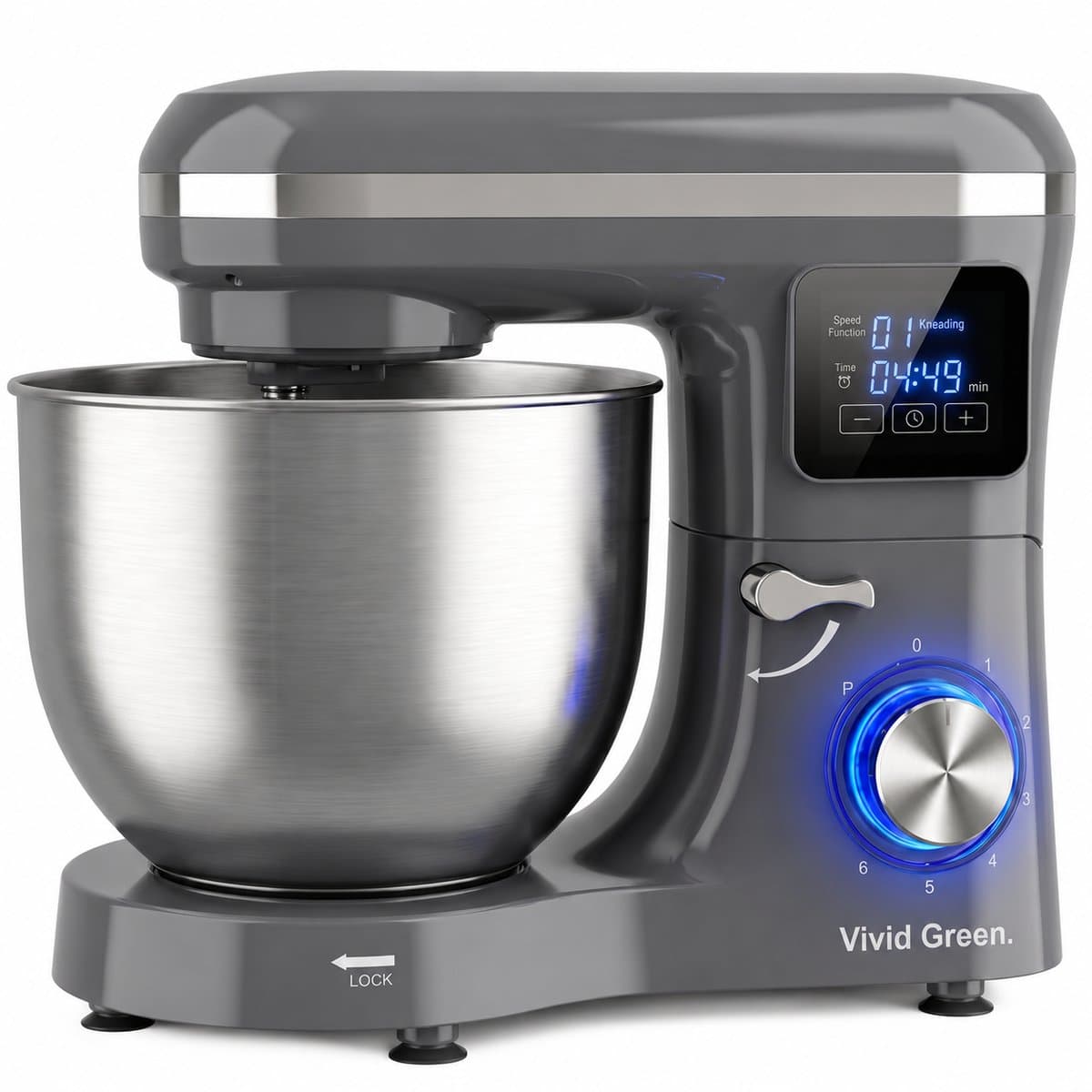 Vivid Green 2000W Keukenrobot - 6.2L - Display & Instelbare Timer - Mixer met Mengkom - Keukenmachine - Keukenmixer - Grijs