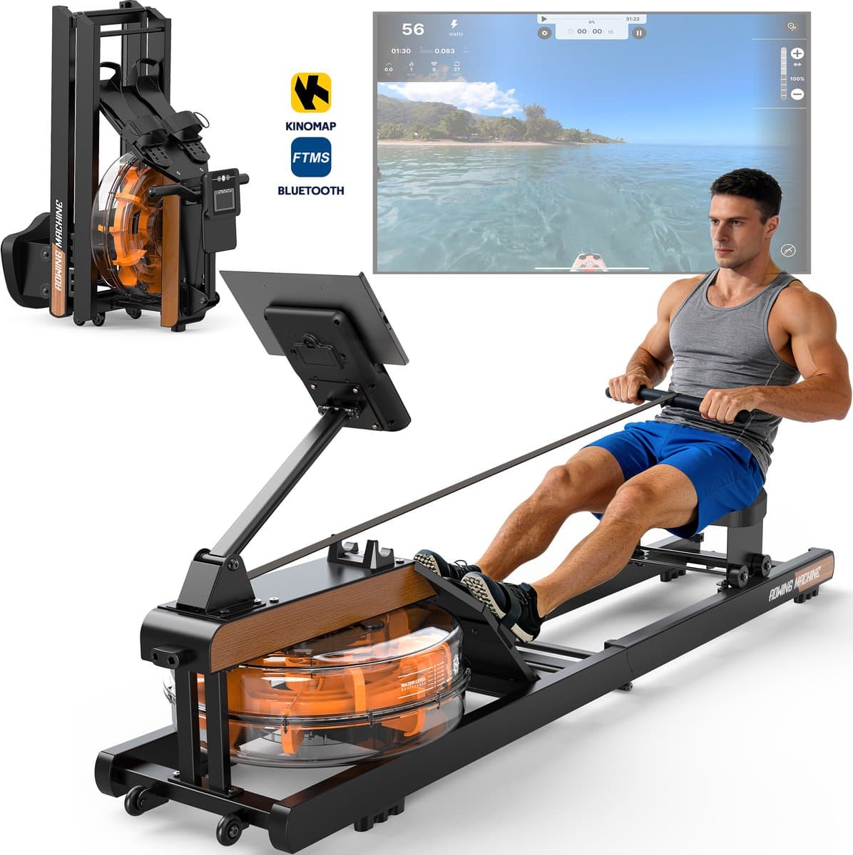 MettleMatic Roeimachine Inklapbaar Waterweerstand Roeiapparaat - Roeitrainer met Bluetooth – 180° Opklapbaar Zonder Water Af te Tappen – 160kg Draagvermogen – 98% Vormontiert