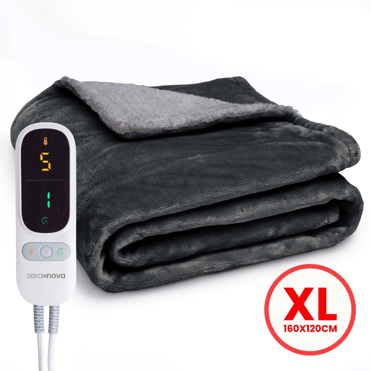 Seranova Elektrische Deken - Extra Warmtedraden - Premium Model - 160x120 cm - 1 Persoons Warmtedeken - Dubbelzijdig Fleece Sherpa - Antraciet