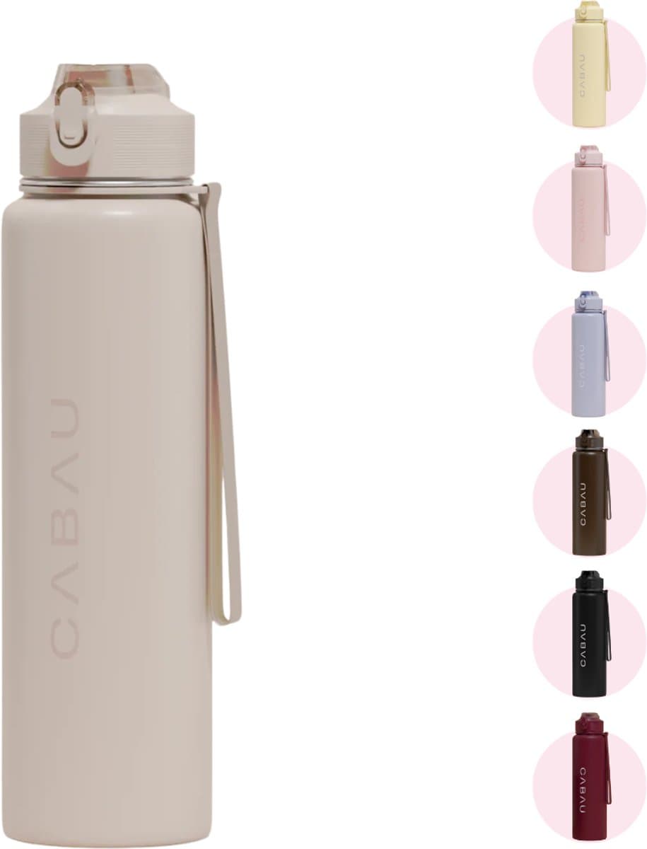 Cabau – Bloom Waterfles Staal – 870 ml – Beige – Roestvrijstalen Drinkfles met Rietje – BPA- en Lekvrij – Thermosfles voor Sporten, Werk en Onderweg