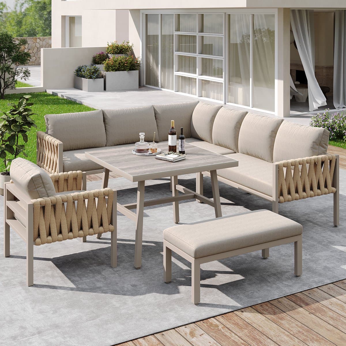 HAUSS SPOLE Loungeset 5 Delig 238 Cm - Hoekbank Met Verstelbare Poten En Glazen Tafel - Voor Tuin En Terras - Metaal - Beige