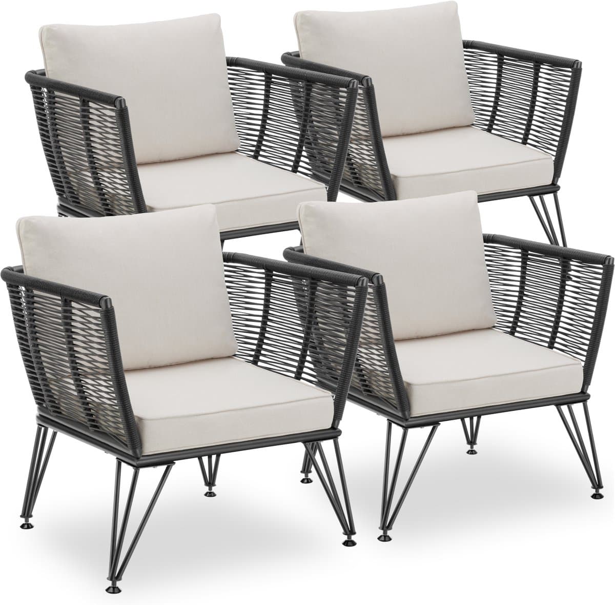 tectake® Loungestoelen Sundo - 4 Fauteuils voor Tuinset, Balkonset of Terras - Wicker Tuinstoelen Set in Rope-Design - Weerbestendig - Inclusief Kussens - Loungestoel Buiten - Loungeset Tuinmeubels