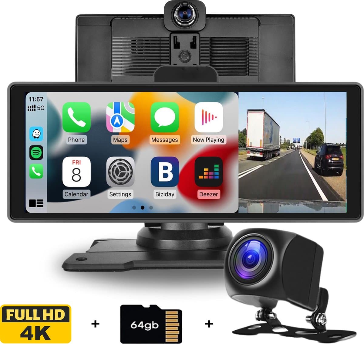 Boscer Smart FULL HD 4K Dashcam - 10.26 Inch Touchscreen - Apple Carplay & Android Auto (Draadloos) - FM Transmitter - Touchscreen - Bluetooth, SD, USB, Aux - Autoradio - AHD Achteruitrijcamera